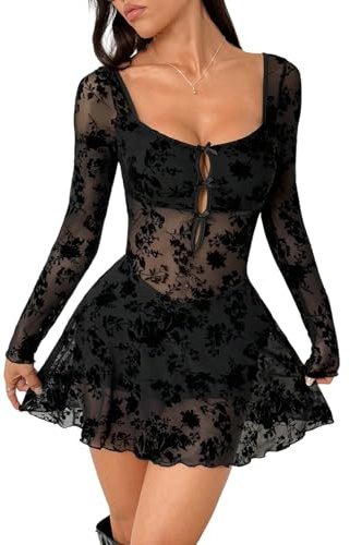 SweatyRocks Robe gothique sexy en maille pour femme - Robe à manches longues - Transparent - Dos nu - Robe de fête - Robe en dentelle, Noir , XS