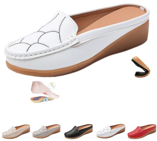 Mules à enfiler pour femme, chaussures de marche dos nu, en cuir, coupe large, sandales de marche à bout fermé, chaussures de sport, mocassins dos nu, blanc, 10 UK Wide