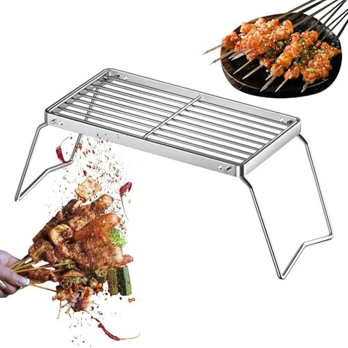 Grill Rack, Foldable Cooking Stand, Portable BBQ Grid, Silver, Compact Fire Pit Tool, for Outdoor Stove Griddle Yard Gathering Camping Backpacking Fishing Vegetables Chicken Use