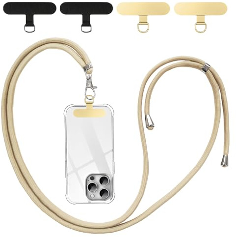 flintronic Cordón Correa para Teléfono Móvil Ajustable Universal, Correa Cruzada para el Cuello y Muñeca, Compatible la Mayoría de Las Fundas de Teléfono, con Llavero y Parche-Dorado