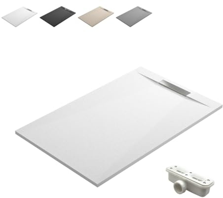 Plato de Ducha de Resina Antideslizante con Valvula y Rejilla Oculta | Textura Piedra | Blanco | 70 X 180 cm
