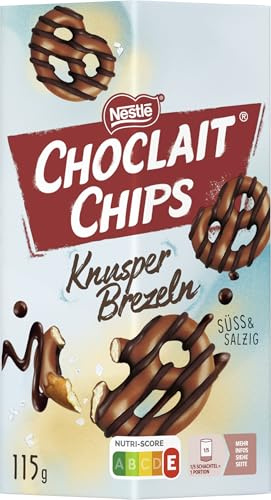 CHOCLAIT CHIPS Knusper Brezeln, 1er Pack (1 x 115g) | Knackige Salzbrezeln mit Milchschokolade, verfeinert mit Streifen aus dunkler Schokolade, wiederverschließbare Faltschachtel