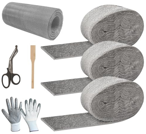Steel Wool Mice Control - 3 Pack 2.75in x 13ft & 1 Pack Wire Mesh 5in x 15ft, Gap Filler for Pipes Home Garage Garden, DIY Kit with Gloves, Scissors and Wooden Stick
