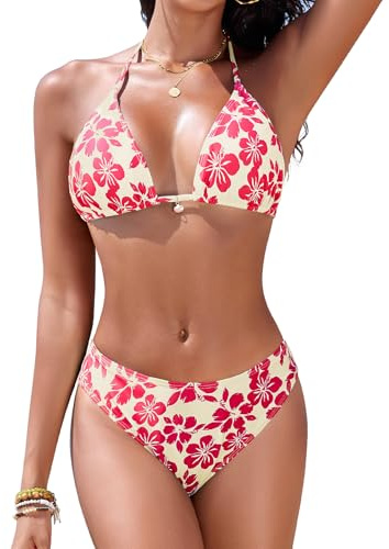 Vijamiy Costume Donna Due Pezzi Costumi da Bagno Vita Alta Curvy Halter Triangolo Push Up Bikini Set Mare Regolabile Sexy Beachwear con Pendente Floreale
