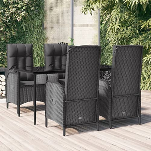 QJBSAVVA 5tlg Garten-Essgruppe 160x80 cm mit Liegefunktion, Glas-Tisch 57x62,5x109 cm, Schwarze Poly-Rattan-Sessel mit Kissen, Balkon-Set