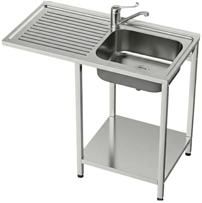 GASFRIT Fregadero Industrial Acero inoxidable con Hueco para Lavavasos, 1 Seno con Escurridor, 1000x500x850 mm, Balda Inferior y Patas Regulables para Hostelería (Derecha, Grifo monomando codo)