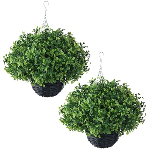 2PCS Artificial Boxwood Plants with Hanging Basket - Fake Aglaia Odorata Hanging Planters Faux Greenery UV Resistant Eucalyptus Leaves for Front Porch Patio Garden Farmhouse Home Decor (Green)