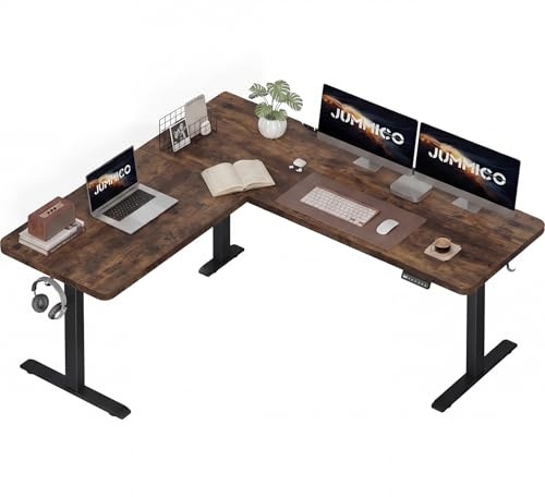 JUMMICO Eckschreibtisch Höhenverstellbar mit 3 Speicherhöhen, 160x140 cm L-förmig Höhenverstellbarer Schreibtisch mit Kabelkanal uund 2 Haken, Ergonomischer Computertisch für Homeoffice, Braun
