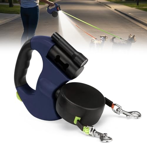 DASIAUTOEM Hundeleine Doppelleine für 2 Hunde, 3 m Ausziehbare Anti-Verwickel-Hundeleine mit 360° Drehung, Integrierter Taschenlampe & Kotbeutelhalter, Rutschfester Griff für Kleine & Große