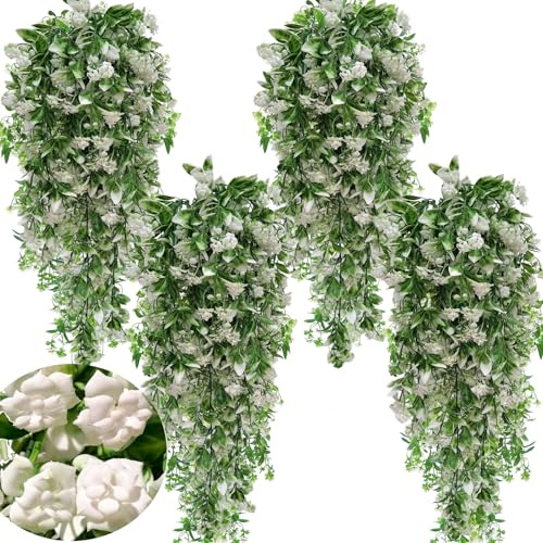 Toprooms artificial plants hanging hanging plants artificial artificial plant fern green leaves green plants plastic plants 80cm for outdoor balcony wall wedding garden decoration (4 packs white)