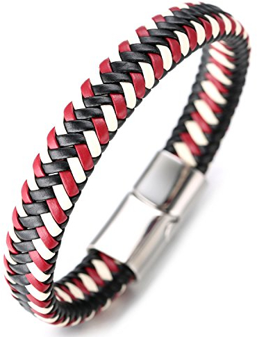 Halukakah ● Jazz ● Herren-Armband Handgefertigt | Echtleder in Sport Rot & Weiß | Magnetverschluss aus Edelstahl in Silber | KOSTENLOS Geschenkbox | Tolle Geschenkidee | 21.5cm