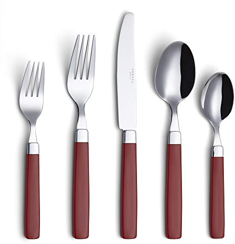 ANNOVA Juego de cubiertos de acero inoxidable, mangos de colores, tenedores, tenedores de ensalada, cuchillo de mesa, cucharada y cucharadita (Rojo, 20 piezas)