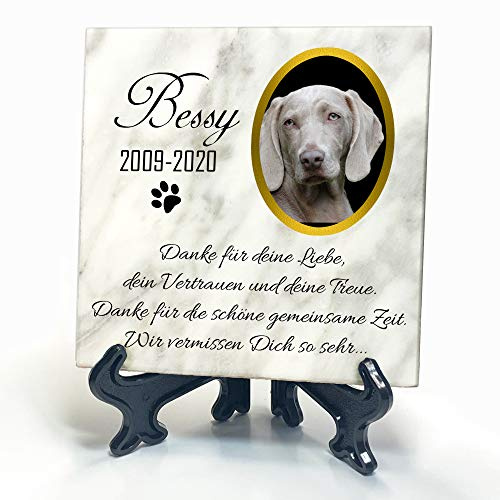 TULLUN Individueller Personalisierter Weißer Natur Marmor Gedenkstein + Ständer für Hunde, Katze und andere Haustiere - Größe 10 x 10 cm - Personalisiert Text und Foto