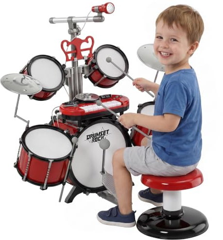 HOMCOM Set Batteria per Bambini con 5 Tamburi Jazz 77.5x40x76.5cm Rosso | Con Strumenti Musicali, Sgabello, Giocattolo Musicale Educativo per Bambini, Effetti Sonori, Microfono Giocattolo
