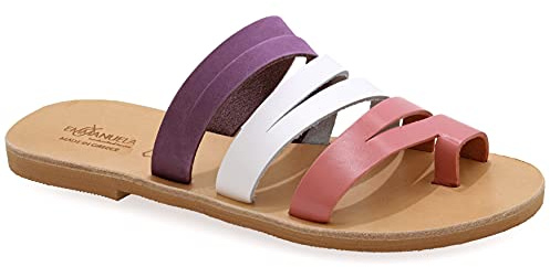 Emmanuela Sandalias de estilo griego antiguo, hechas a mano de piel con anillo de tiras, sandalias planas de calidad, zapatos de verano estilo boho chic, Multicolor 2, 38 EU