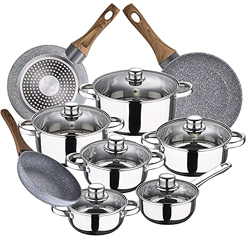 Bateria de cocina 12 piezas SAN IGNACIO Cassel, acero inoxidable, con juego sartenes (18/26/28 cm) SAN IGNACIO Daimiel en aluminio forjado