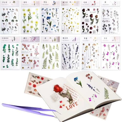 Blumen Aufkleber Sticker Scrapbooking Vintage PET Scrapbook Pflanzen Stickerbögen für DIY Dekoration Fotoalbum Kalender Notizbuch Tagebuch Sammelalbum Kunst Basteln Aufzählungszeichen Laptops