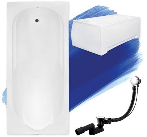 BADLAND Badewanne Original Weiß Acryl Wanne Rechteck BONA 140x70 KOMPLETTSET SET mit Weiß Acrylschürze + Füßen und Exklusive Chrom Automatik Ablaufgarnitur Made in EU 4in1