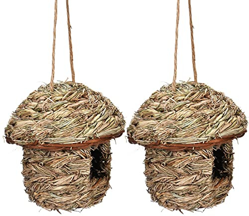 LICHENGTAI Casetta Uccelli da Esterno 2 Pezzi: Nido per Uccelli da Giardino in Erba per Piccoli Uccellini, Passeri e Colibrì