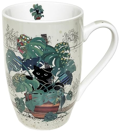 KIUB Très grand mug porcelaine arrondi - motif chat se cachant dans des plantes - hauteur 12CM - contenance 490ML - boite assortie