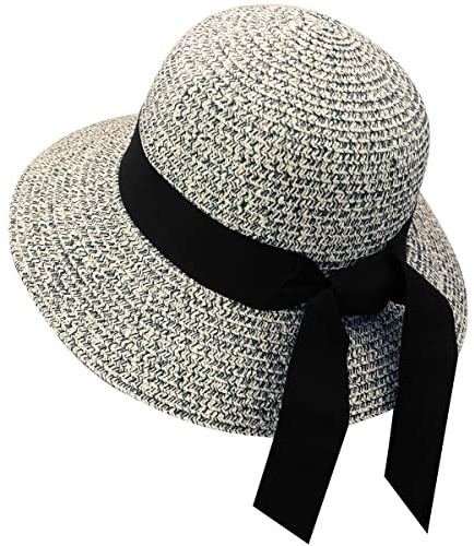 REETEE Sombrero de Paja para Mujer UPF 50+Sombreros de Sol Plegables, Sombrero de Paja de ala Ancha para Mujer (Gris)