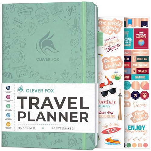 Clever Fox Journal de voyage – Planificateur de voyage d'itinéraire pour femmes, hommes et couples, journal de voyage, dure 5 voyages, A5 (crème menthe, A5 (14,7 x 21,1 cm))