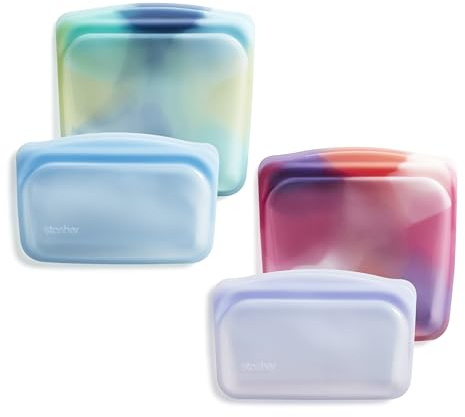 Stasher Lot de 4 sacs de rangement alimentaires réutilisables en silicone de qualité supérieure, multi-usages, sans BPA, sans fuite, passent au lave-vaisselle, respectueux de l'environnement