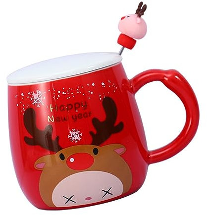 BESTonZON Keramikbecher Für Kaffee Und Wasser Rot Mit Elchmuster Für Zuhause Restaurant Und Weihnachtsfeiern