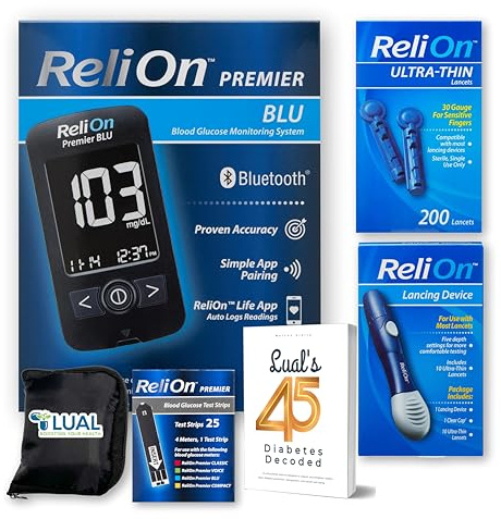 Premier BLU Glucose Monitor Kit with Bluetooth. Complete Diabetes Care Bundle with Test Strips, Lancets & Lancing Device & Lual's 45 Diabetes Decoded