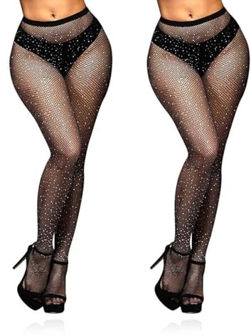 GNHG Confezione da 2 Calze da Donna con Strass Glitterati, Collant a Rete Glitterati per spettacoli di Feste, Danza, Cosplay