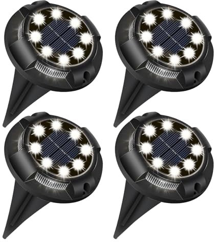 EXTRASTAR Solar Ground Lights 12 LEDs, 4 Pack Disk Lights Solar Powered, IP65 Waterproof Path Lights Outdoor Garden - 6500K Daylight