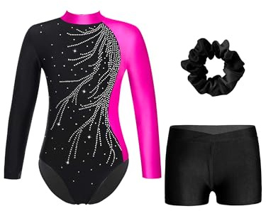 iiniim Mädchen Turnanzug Glitzer Gymnastikanzug mit Shorts Haarband Trikotanzug Langarm Gymnastik Leotard Wettbewerb Tanzkostüm Rosa&Schwarz 146-152