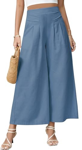 PASUDA Pantalon Femme Été 7/8 Lin Pantalons Fluide Large Taille Haute Elastique Pantacourt Grande Pantacourt avec Poches Ample Wide Leg Longueur Pants Évasé Décontractée (Bleu, L)