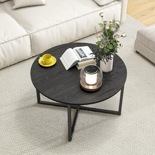 HOJINLINERO Runt soffbord tebord ändbord soffbord för vardagsrum med metallben, cocktailbord med träutseende accentmöbler, lätt att montera, svart