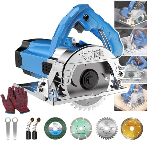 Scie Circulaire, Machine à DéCouper Les Carreaux 3800 W, Scie éLectrique Polyvalente Pour Couper La Pierre/Bois/MéTal/Carrelage, Profondeur Et Angle De Coupe RéGlables (0-30 Mm, 0~45°), 4 Lames