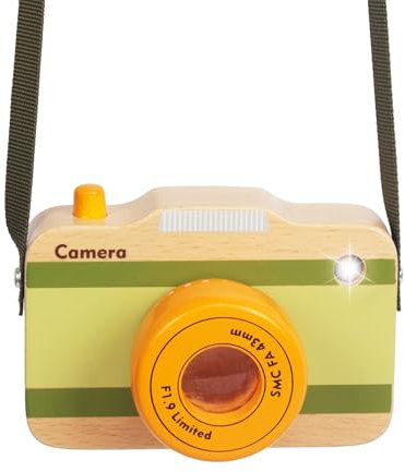WoodenEdu Wooden Kids Mini Pretend Camera Toy with Real Sounds and Light