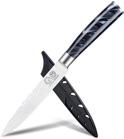 XYJ Autentico dal 1986, 5 pollici in acciaio inox cucina Utility Knife, Ultra Sharp, Laser Damasco modello giapponese coltello da cucina, carne Cleaver Steak coltello da taglio con guaina