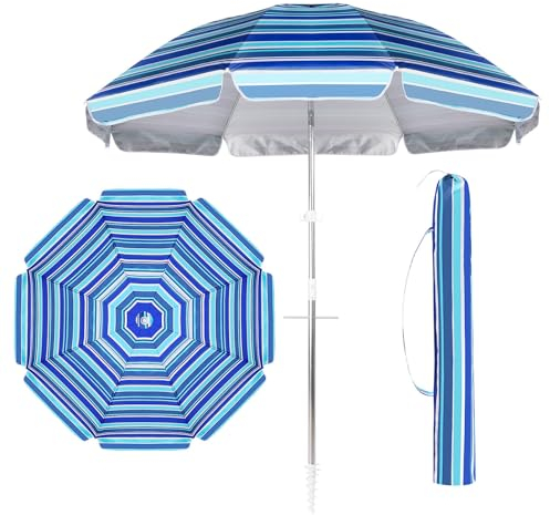 Sonnenschirm Strand 6,5 Fuß blauer Terrassenschirm mit Neigungsschirm, Strand-UV-Schutz 50+, Strandschirm, höhenverstellbar, Gartenschirm, wasserdichter Außenschirm, tragbarer Marktschirm mit Tasche/