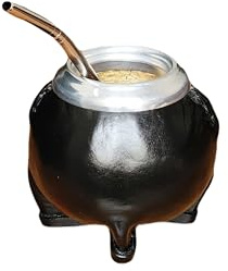 Mat artisanal argentin fabriqué en citrouille naturelle et cuir noir, mat avec ampoule en acier, Yerba Mate Gourd Cup, Mate Becher, Mate Cup