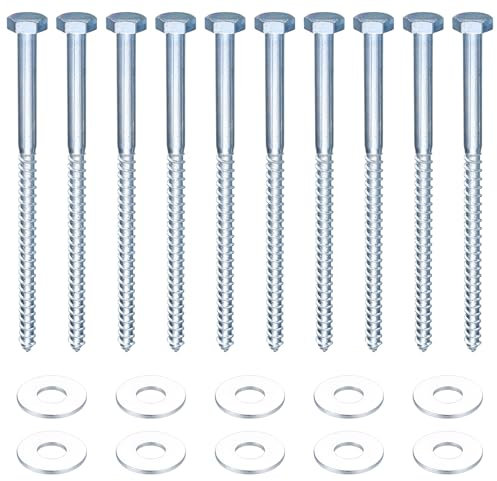 10 Stück M10 Sechskant Holzschrauben, 10 x 180 mm Verzinktes Sechskantschrauben mit Unterlegscheiben, Schlüsselschrauben Sortiment Set, DIN 571 & DIN 9021