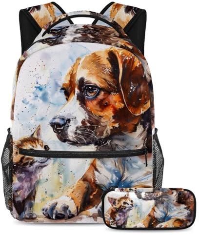 VAPOKF Schulranzen-Set für Hunde und Katzen, für Teenager, Mädchen, Jungen, Kinder, Schüler-Büchertasche, Rucksack mit Federmäppchen für die Grundschule, multi, Einheitsgröße, Schulranzen-Set