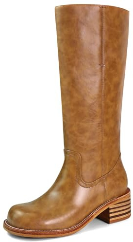 VBDB Brown Knee High Boots for Women Platform Square Toe Chunky Heel Wide Calf Campus Boots Tall Riding Long Shoes Size 8