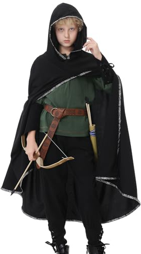 Costume médiéval de la Renaissance pour garçons – Tenue de pirate Viking | Cape à capuche, tunique, pantalon, ceinture, chevalier, pirate, prince, Hobbit, Robin des Bois Cosplay pour Ren Fair