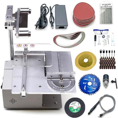 JOSBY Macchina a Nastro Multifunzionale da 120 W, Mini Macchina da Taglio con Sega da Tavolo, affilatrice per levigatura e lucidatura Regolabile a 7 velocità, Taglio da 0 a 90°, per Legno, plastica