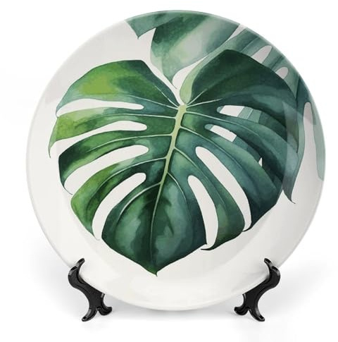 ZLFDSKGY Assiette décorative en porcelaine anglaise avec support de présentation - Feuille de Monstera - Assiettes rondes en porcelaine - 17,8 cm