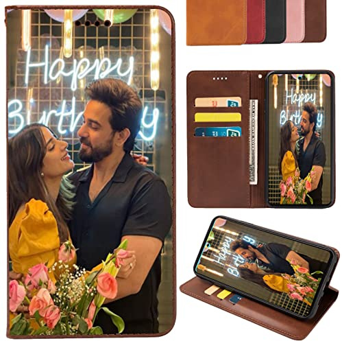 CAXKJE Personalised Photo Phone Case for iPhone 16e 2025,Design Your Own Photo Image,Text Phone Case,PU Leather Flip Cover Wallet Case Anti Drop Personalised Case - Brown