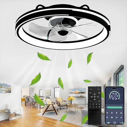 AJZXQM LED Deckenventilator mit Beleuchtung und Fernbedienung, Leise, 64W Modern APP Dimmbare Deckenleuchte mit Ventilator, Umkehrbare 6-Speed Lampe mit Ventilator, 5 Lüfterflügel, Timer,Schwarz