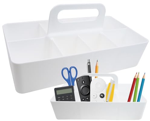 WSAMJIN Korb Organizer mit Griff, Mehrzweck Kunststoffkorb mit 8 Fächer, Abnehmbare Reinigungskorb Stapelbarer Schreibtischkorb Bastelkorb für Kunst, Make-up, Bürobedarf, Weiß (32.7×17.2×8.5cm)