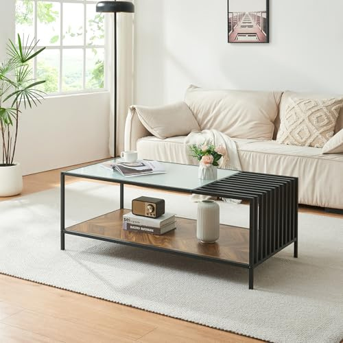 [en.casa] Soffbord Pärghos vardagsrumsbord 120 x 60 x 45 cm, rektangulärt soffbord med hylla, metallram, kaffebord, glasplatta svart/ekutseende, mörkt