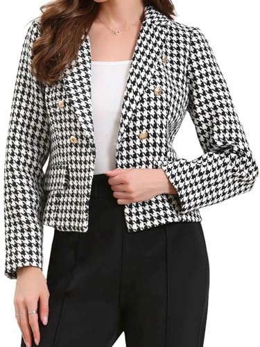 Allegra K Blazer décontracté à manches longues avec boutons pied-de-poule pour femme, Noir , L